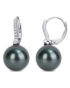 AMOUR 11 - 12 Mm Black Tahitian Cultured Pearl and 1/8 CT TW Diamond Leverback Earrings In 10K White Gold
