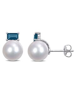 AMOUR 9-9.5mm Cultured Freshwater Pearl and 4/5 CT TGW Baguette London-blue Topaz Stud Earrings In 10K White Gold