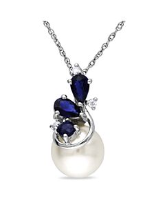 AMOUR 8.5 - 9 Mm White Cultured Freshwater Pearl, Diamond and Sapphire Pendant with Chain In 10K White Gold