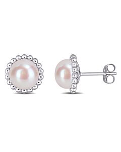 AMOUR 8-8.5 Mm Cultured Freshwater White Pearl Halo Stud Earrings In 10K White Gold