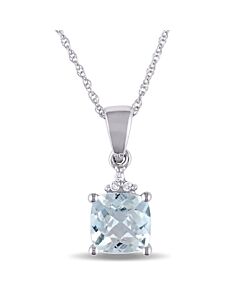 AMOUR Cushion Cut Checkerboard Aquamarine Pendant and Chain with Diamond Accent In 10K White Gold