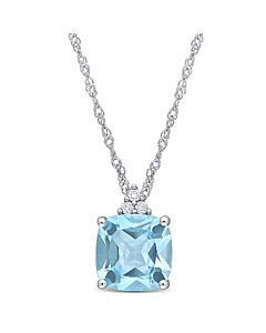 AMOUR Cushion Cut Sky-blue Topaz Pendant and Chain with Diamonds In 10K White Gold