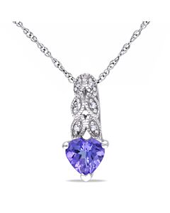 AMOUR Diamond and Heart Shaped Tanzanite Pendant with Chain In 10K White Gold