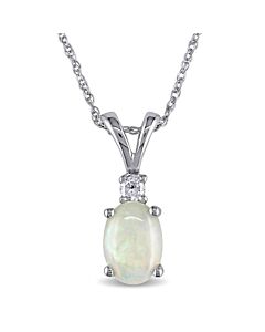 AMOUR Oval Opal and Diamond Pendant with Chain In 10K White Gold