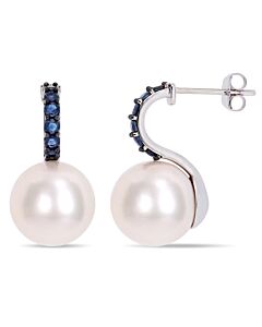 AMOUR 11 - 12 Mm Freshwater Cultured Pearl and 5/8 CT TGW Sapphire Drop Earrings In 10K White Gold with Black Rhodium Plated
