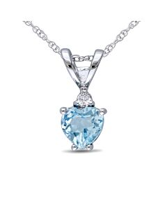 AMOUR Heart Shaped Sky-blue Topaz and Diamond Pendant with Chain In 10K White Gold