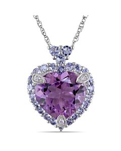 AMOUR Halo Diamond and 3 4/5 CT TGW Heart Shaped Tanzanite Amethyst Pendant with Chain In 10K White Gold