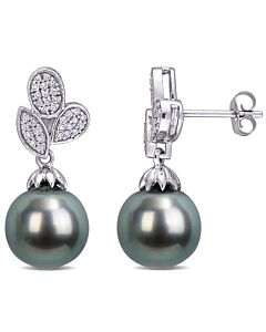 AMOUR 9-9.5 Mm Black Tahitian Cultured Pearl and 1/5 CT TW Diamond Floral Drop Earrings In 10K White Gold