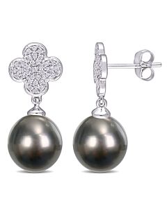 AMOUR 10-10.5mm Black Tahitian Cultured Pearl and 1/5 CT TDW Diamond Flower Drop Earrings In 10K White Gold