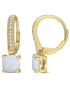 AMOUR 1 1/3 CT TGW Opal and Diamond Accent Milgrain Leverback Earrings In 10K Yellow Gold