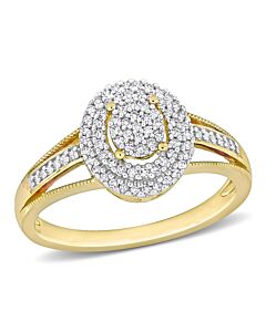 Amour 10k Yellow Gold 1/4 CT TDW Diamond Double Halo Oval Cluster Split Shank Ring