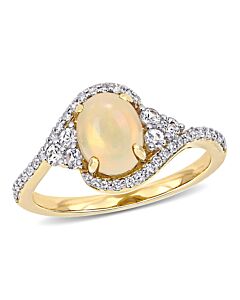 Amour 10K Yellow Gold 1 CT TGW Ethiopian Yellow Opal and White Sapphire with 1/5 CT TDW Diamond Halo Ring