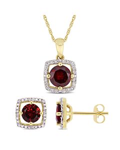 AMOUR 2-piece Set Of 2 1/5 CT TGW Garnet and 1/6 CT TW Diamond Square Halo Stud Earrings and Pendant with Chain In 10K Yellow Gold