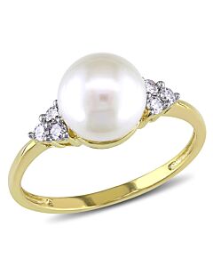 Amour 10k Yellow Gold 7.5 - 8 mm Freshwater Cultured White Pearl and 1/8 CT Diamond TDW Cocktail Ring