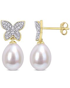 AMOUR 8.5-9mm Freshwater Cultured Pearl and 1/8 CT TDW Diamond Butterfly Drop Earrings In 10K Yellow Gold