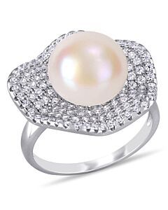 Amour 11 - 11.5 MM Cultured Freshwater Pearl and 1 3/8 CT TGW Cubic Zirconia Wavy Clustered Halo Ring in Sterling Silver