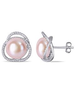 AMOUR 11 - 11.5 Mm Pink Cultured Freshwater Pearl and 1 1/2 CT TGW Cubic Zirconia Interlaced Halo Stud Earrings In Sterling Silver