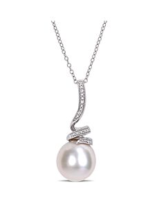 AMOUR 11 - 12 Mm Freshwater Cultured Pearl and Diamond Accent Swirl Drop Pendant with Chain In Sterling Silver