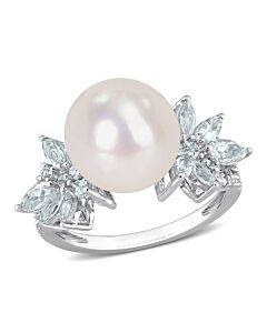 Amour 11-12mm Cultured Freshwater Pearl and 1 1/5 CT TGW Aquamarine and 1/10 CT TW Diamond Flower Ring in Sterling Silver