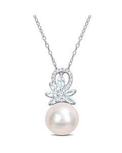 AMOUR 11-12mm Cultured Freshwater Pearl and 5/8 CT TGW Aquamarine and Diamond Accent Flower Pendant with Chain In Sterling Silver