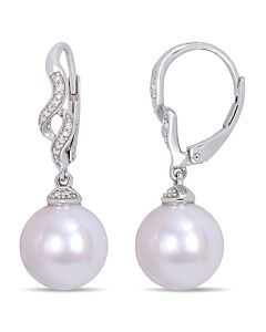 AMOUR 11-12mm Cultured Freshwater White Pearl and Diamond Twist Drop Leverback Pearl Earrings In Sterling Silver
