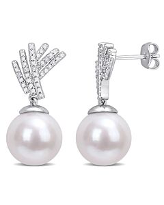 AMOUR 11-12mm Freshwater Cultured Pearl and Diamond Accent Drop Earrings In Sterling Silver