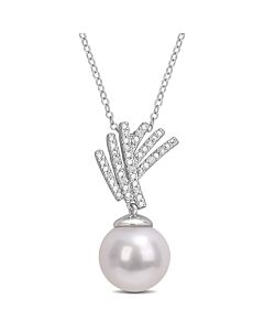 AMOUR 11-12mm Freshwater Cultured Pearl and Diamond Accent Drop Pendant with Chain In Sterling Silver