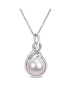 AMOUR 11-12mmcultured Freshwater Pearl, 1/6 CT TGW Created White Sapphire and Diamond-accent Twist Pendant with Chain In Sterling Silver