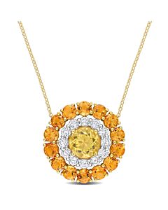 AMOUR 11 2/5 CT TGW Citrine, Madeira Citrine and White Topaz Double Halo Circle Pendant with Chain In Yellow Plated Sterling Silver