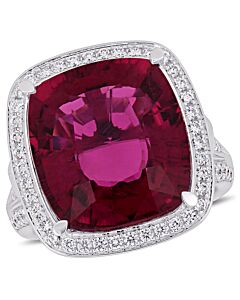 Amour 11 7/8 CT TGW Pink Tourmaline and 1 3/8 CT TW Diamond Halo Cocktail Ring in 14k White Gold