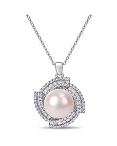 AMOUR 12-12.5 Mm Cultured Freshwater Pearl and 1 5/8 CT TGW Cubic Zirconia Geometric Necklace In Sterling Silver