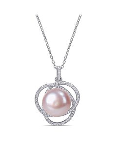 AMOUR 12 - 12.5 Mm Pink Cultured Freshwater Pearl and 1 CT TGW Cubic Zirconia Interlaced Halo Necklace In Sterling Silver