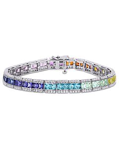 AMOUR 12 1/2 CT TGW Multi-color Square Created Sapphire Tennis Bracelet In Sterling Silver