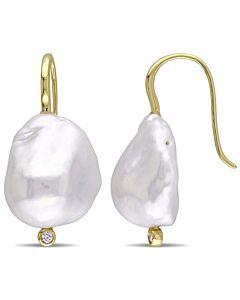 AMOUR 14-14.5 Mm Cultured Freshwater Baroque Pearl and Diamond Hook Earrings In 14K Yellow Gold