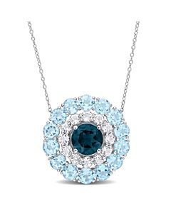AMOUR 14 3/5 CT TGW London Blue Topaz, Sky Blue Topaz and White Topaz Double Halo Circle Pendant with Chain In Sterling Silver