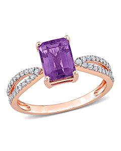 Amour 14k Rose Gold 1 1/3 CT TGW Octagon Amethyst and 1/5 CT TDW Diamond Crossover Ring
