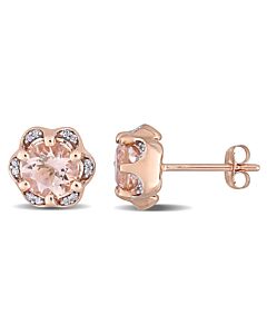 AMOUR 1 3/4 CT TGW Morganite and Diamond Accent Flower Stud Earrings In 14K Rose Gold