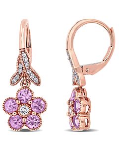 AMOUR Pink Sapphire and 1/7 CT TW Diamond Flower Leverback Earrings In 14K Rose Gold
