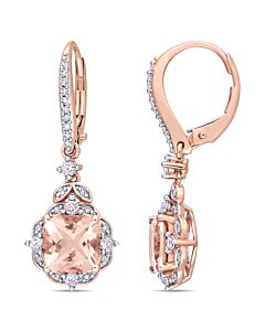 AMOUR Morganite, White Sapphire and Diamond Accent Halo Vintage-inspired Halo Leverback Drop Earrings In 14K Rose Gold
