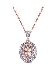 AMOUR 3/4 CT TGW Morganite and 1/3 CT TW Diamond Double Halo Pendant with Chain In 14K Rose Gold