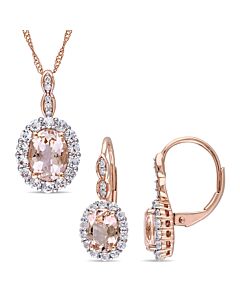 AMOUR 2-pc Set Of 4 CT TGW Oval-shaped Morganite, White Topaz and Diamond Accent Vintage Pendant with Chain and Leverback Earrings In 14K Rose Gold