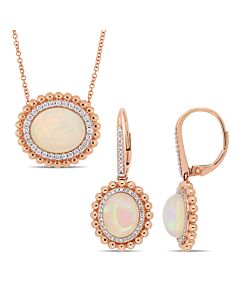 AMOUR 2-piece Set Of 7 1/2 CT TGW Oval-cut Ethiopian Blue-hued Opal and 1/2 CT TW Diamond Double Halo Leverback Earrings and Necklace with Chain In 14