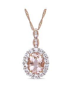 AMOUR Oval-cut Morganite, White Topaz and Diamond Accent Halo Drop Necklace In 14K Rose Gold