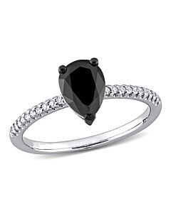 Amour 14k White Gold 1 1/10 CT TW Pear and Round-Cut Black and White Diamond Teardrop Engagement Ring