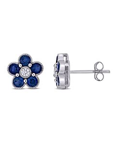AMOUR 1 1/4 CT TGW Sapphire and 1/10 CT TW Diamond Floral Stud Earrings In 14K White Gold