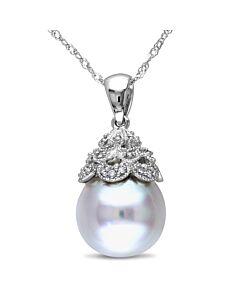 AMOUR 10.5-11 Mm South Sea Cultured Pearl and Diamond Accent Filigree Pendant with Chain In 14K White Gold