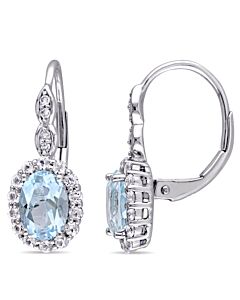 AMOUR Oval Shape Blue Topaz, White Topaz and Diamond Accent Vintage Leverback Earrings In 14K White Gold
