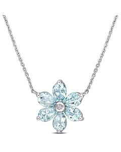 AMOUR 2 3/8 CT TGW Aquamarine and Diamond Accent Floral Pendant with Chain In 14K White Gold