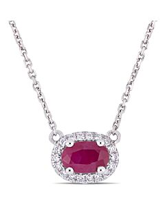 AMOUR 3/5 CT TGW Oval Shape Ruby and 1/10 CT TW Diamond Halo Necklace In 14K White Gold