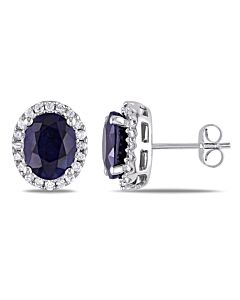 AMOUR 5 1/3 CT TGW Oval Diffused Sapphire and 3/8 CT TW Diamond Halo Earrings In 14K White Gold